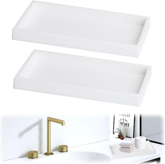 White two-piece bathroom storage tray set with two empty rectangular trays