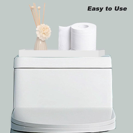 White bathroom storage tray with side walls, holding paper rolls and towels