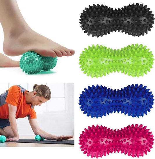 Spiky peanut-shaped massage balls in assorted colors: teal, green, blue, red, black