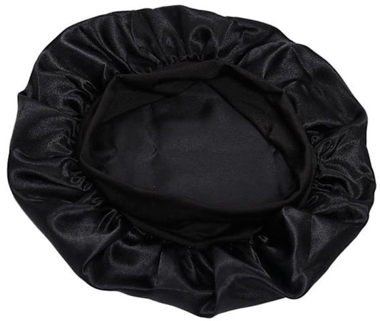 Black satin hair bonnet, open interior view with gathered ruffle trim