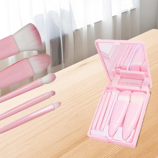 Portable makeup brush set with mirror case, pink bristles and 5 brushes in a case