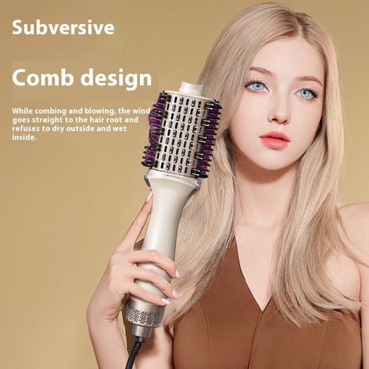 Hair dryer brush with comb bristles and white handle, held in hand
