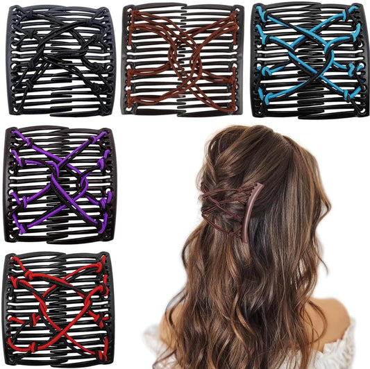 5-pack adjustable hair combs with elastic in black, brown, blue, purple, and red