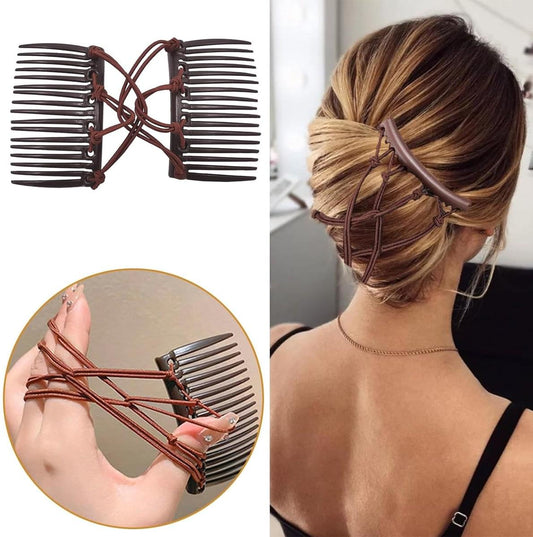 Elastic adjustable hair comb in dark brown clipped into a low bun