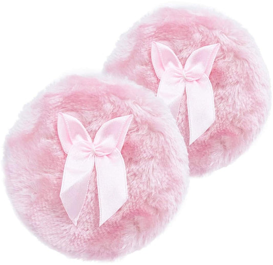 Pink powder puff sponge pair with satin bow ribbon