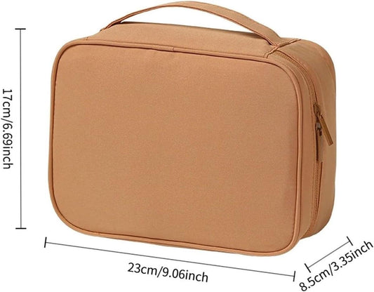 Beige double-layer makeup bag with top handle and zippered front pocket