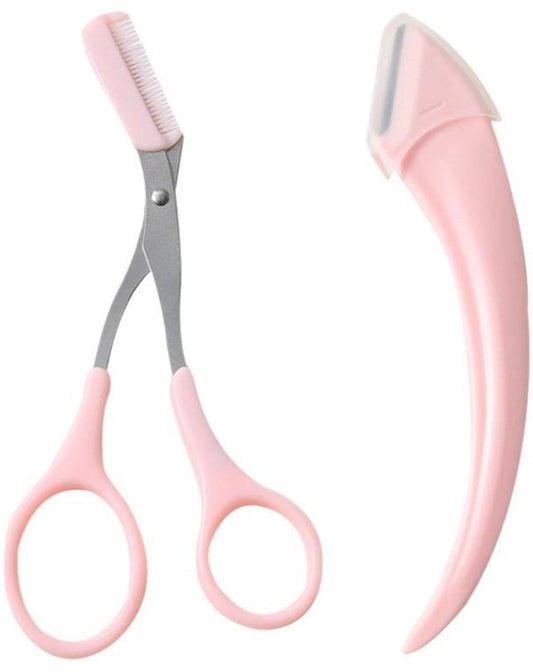 Pink eyebrow trimmer scissors with comb and safety razor, curved handles