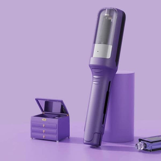 Purple rechargeable split-end hair trimmer with silver blade cover and charging body
