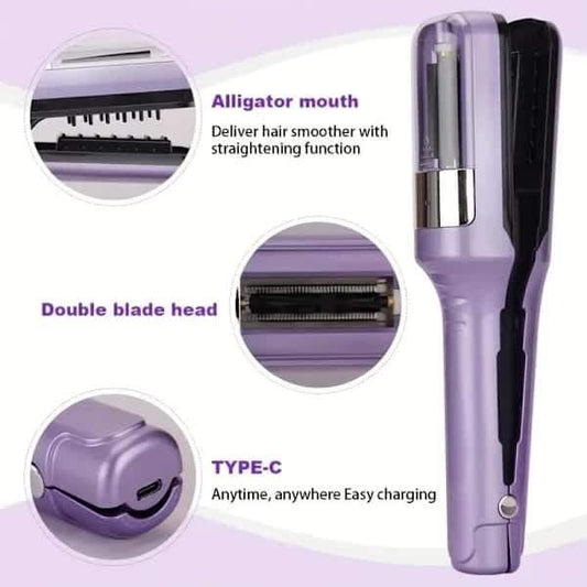 Purple split-end trimmer with dual blade head detail and Type-C charging port shown