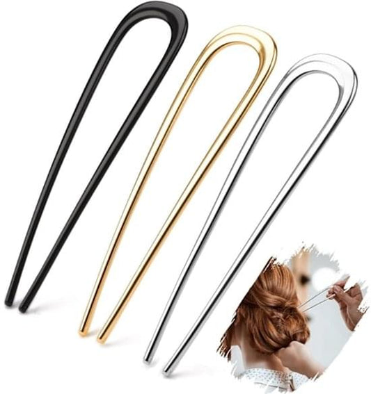 Large U-shaped hair clips in black, gold, and silver (3-pack)