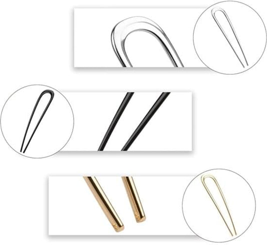 U-shaped metal hair clips, black, gold, and silver, close-up pack view