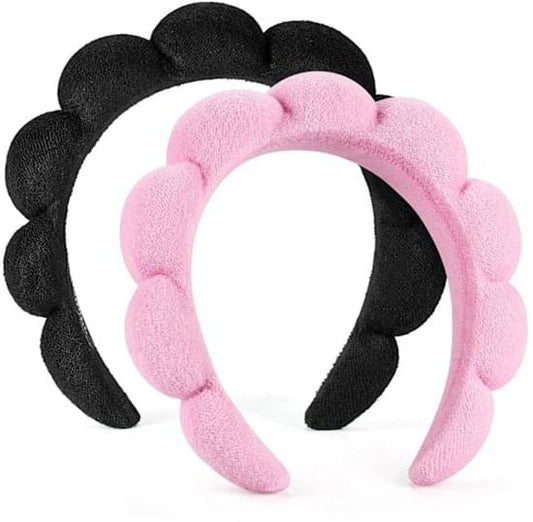 Soft plush headband, pink and black flower-shaped pads for face washing