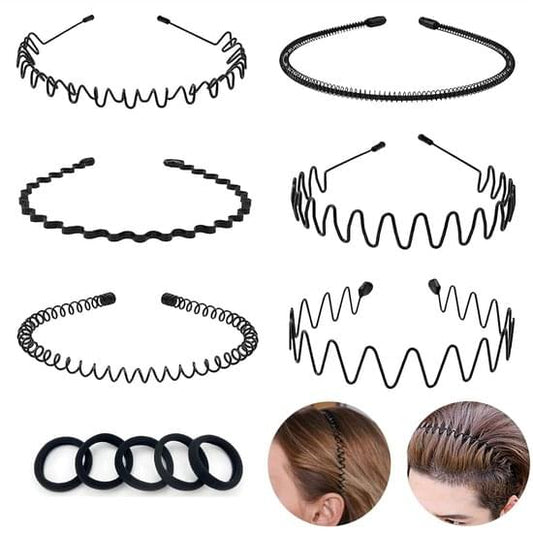 Set of 6 black metal spring-wave headbands