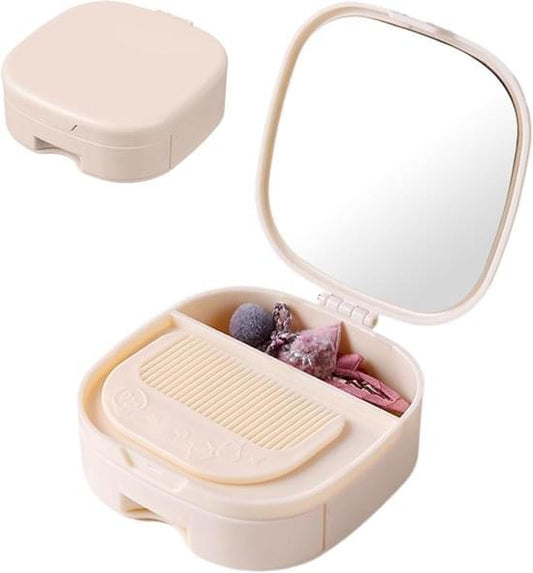 Foldable travel makeup mirror with light beige storage case and compact interior tray