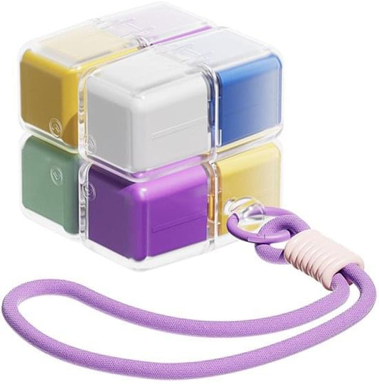 Portable 8-compartment pill organizer with clear lid and purple and yellow compartments