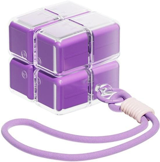 Purple weekly pill organizer cube with clear hinges and wrist strap