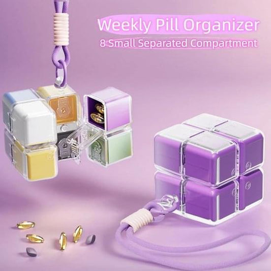 Purple weekly pill organizer with open small compartments and latch