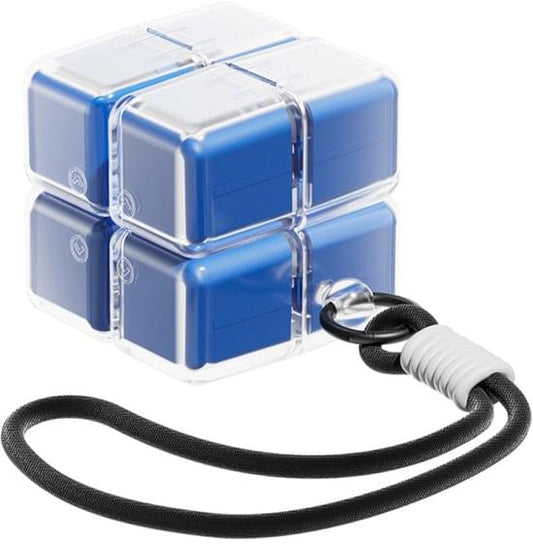 Blue 7-day pill organizer with clear hinged lid and 8 compartments