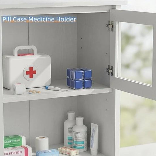 Blue 8-compartment medicine holder in open cabinet, hinged lid
