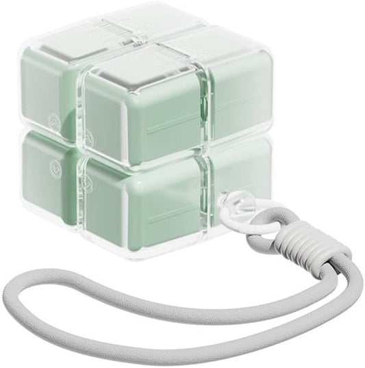 Green weekly pill box with clear hinged lid and compartment tray, includes cord