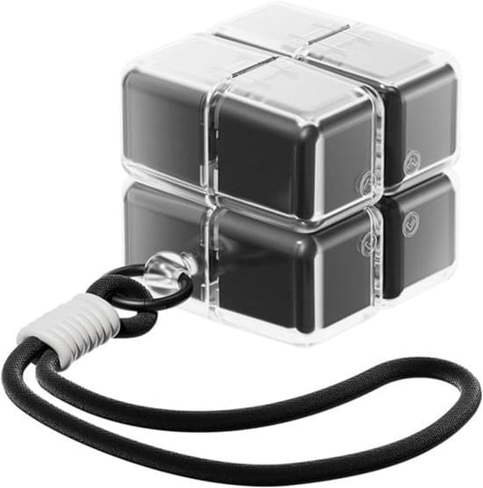 Black pill organizer case with clear latch lid and coiled carrying strap