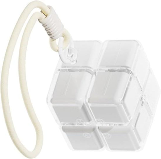 White weekly pill organizer, open lid with 8 compartments and cord