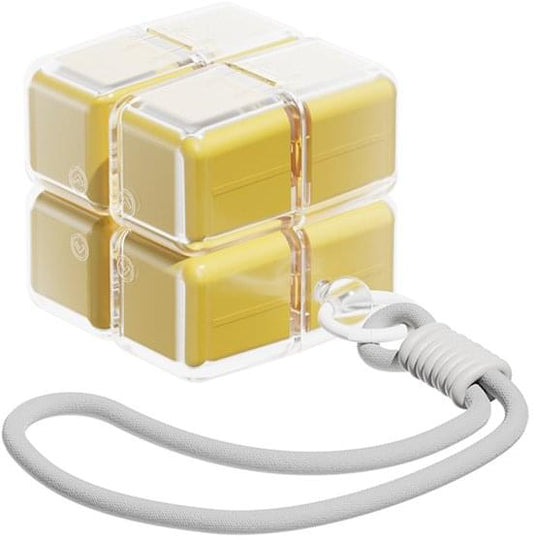 Yellow 7-day pill box with clear hinged lid and gray pull-cord, double-tier compartments
