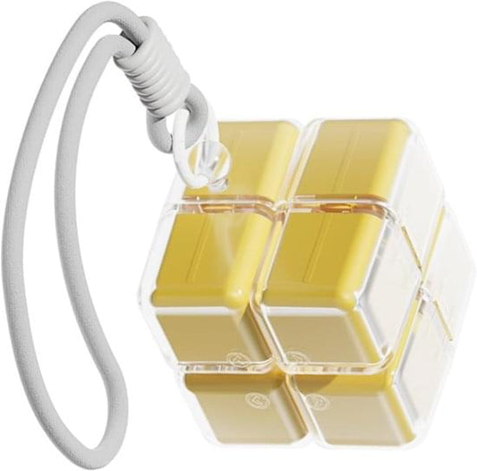 Yellow 7-day pill box with open compartments and gray pull-cord handle