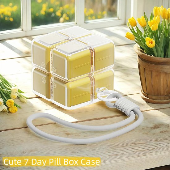 Medicine box - 7-day medicine box - Weekly pill box - Portable pill box for travel - Easy to open - 8 compartments - For storing vitamins and medicines - Yellow