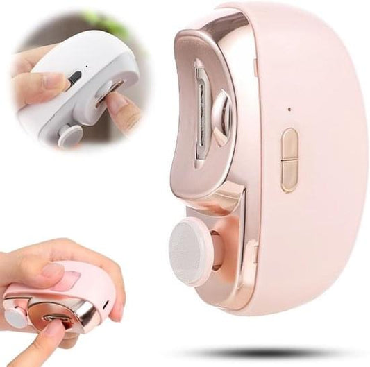 Electric nail clipper with pink body and metal trimming/grinding opening