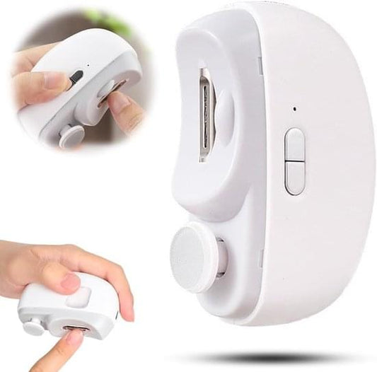 White electric nail clipper with polishing grinding head and safety blade opening