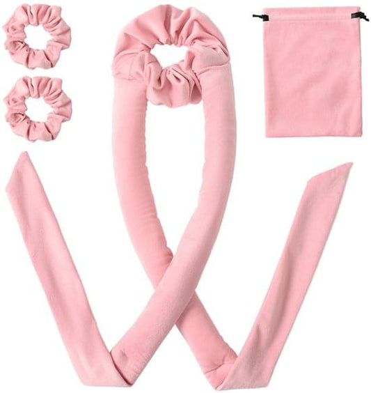 Pink fabric hair rollers set with three scrunchy-style pieces
