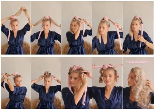 Beige hair rollers in a model’s hair as she wraps the top roller