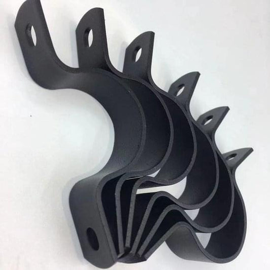 Black U-shaped metal pipe clamps with mounting holes, set of brackets