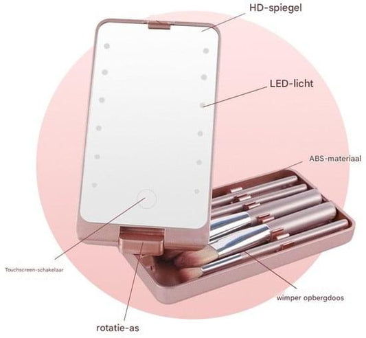 Pink lighted makeup mirror and five makeup brushes in hinged storage tray