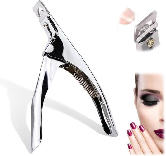 Silver nail clipper with U-shaped cutting jaws and spring hinge detail