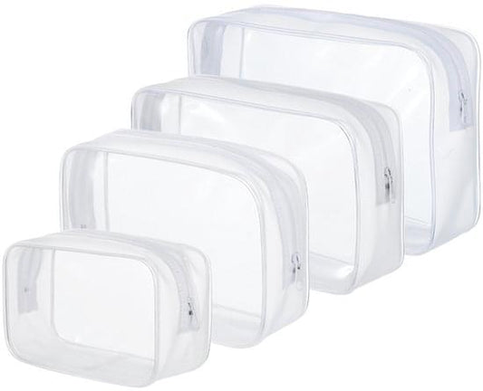 4-piece transparent toiletry bag set with zip closures, clear PVC pouches