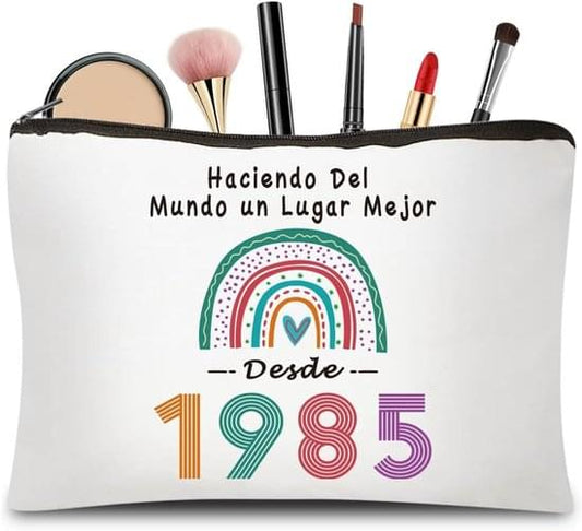 White canvas makeup bag with black zipper and colorful rainbow heart graphic, 1985 print