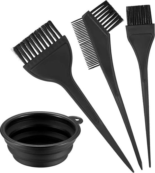 Black hair dye brush set with mixing bowl and three styling comb brushes