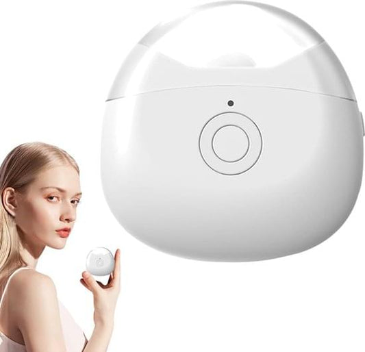 White round electric nail clipper with circular power button on front, compact device