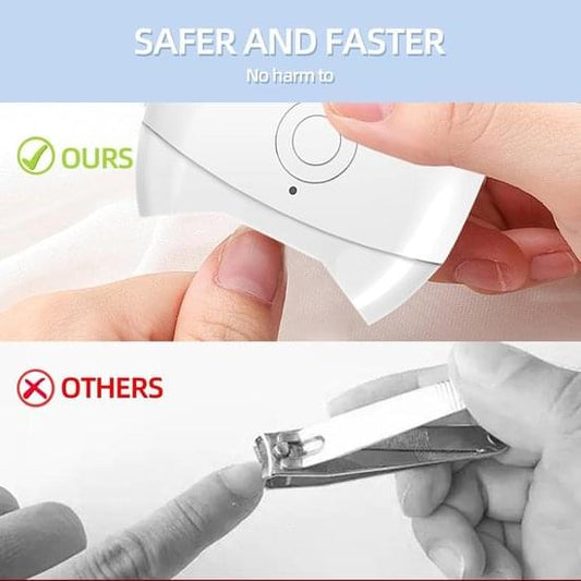 White automatic electric nail clipper in hand, showing front control and safety design