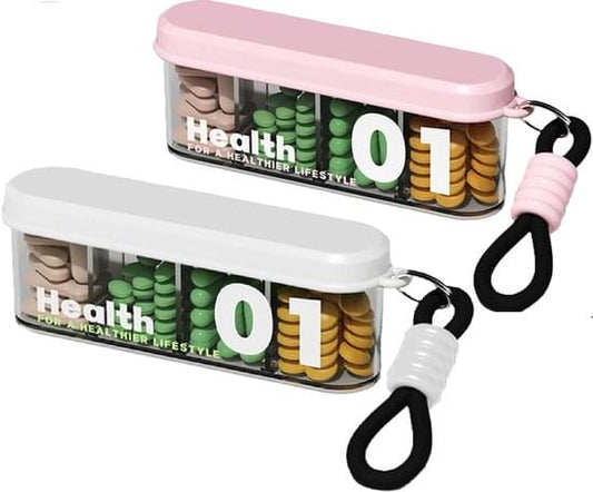 Four-compartment pill box set, light pink and white with clear divided containers
