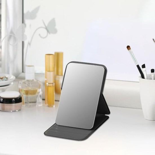 Portable foldable makeup mirror with dark PU leather cover and frameless glass stand