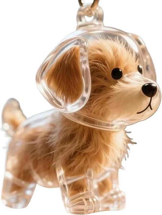 Dog memory capsule keychain pendant with clear plastic dog charm and brown fur details