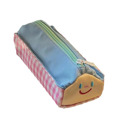 Large pencil case with blue body, pink check trim, and rainbow zipper