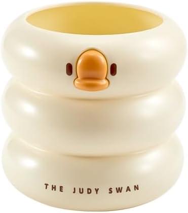 Cream plastic storage bucket with cartoon swan face, round opening, 'THE JUDY SWAN'