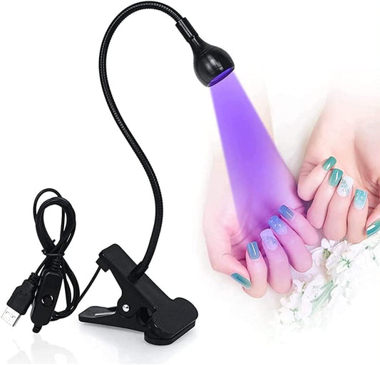 Portable mini UV nail lamp with flexible gooseneck and clip base, black cable