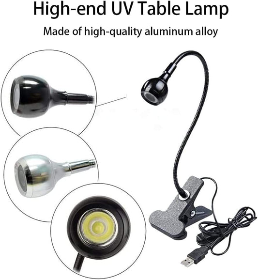 Mini UV nail lamp with flexible gooseneck, clip stand, and USB power cable