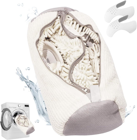 Off-white shoe wash bag with mesh interior and concealed zipper, front pocket