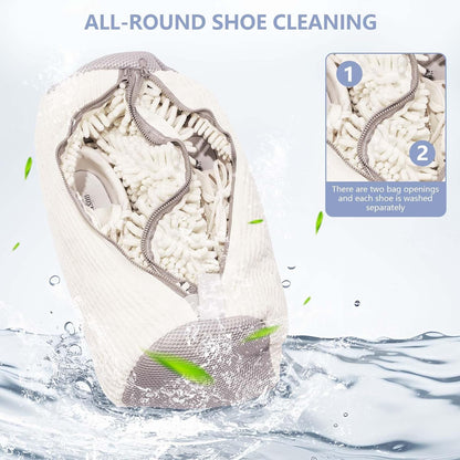 Shoe Wash Bag - Double Pocket with Concealed Zipper - For Machine Washing - 360 Degree Cleaning - White Color